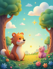 Naklejka premium Adorable 3D Rendered Fox and Pig Friends in a Magical Sunny Forest Meadow