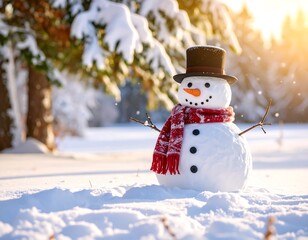 Obraz premium Snowman in snowy forest at sunset