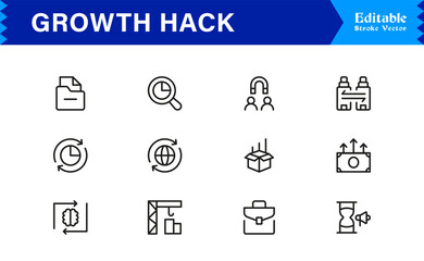 Growth Hack Line Icon Collection with Digital Marketing, Analytics, Funnel, and Strategy Symbols