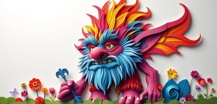 Vibrant paper cut giant troll, whimsical, layered design, colorful, fantasy, colorful, magic