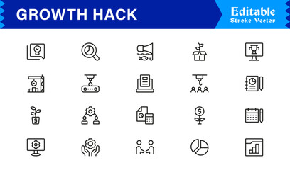 Growth Hack Line Icon Collection with Digital Marketing, Analytics, Funnel, and Strategy Symbols