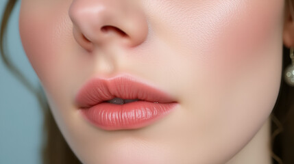 Fototapeta premium Cropped shot of a young caucasian woman's lower part of the face with clear highlighted cheekbones. Plastic surgery buccal fat removal. Result of cosmetic surgery