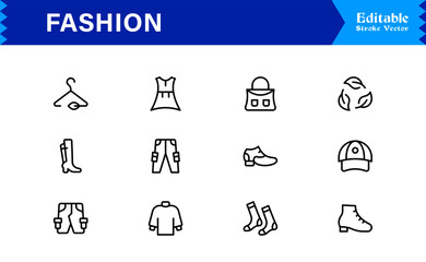 Obraz premium Elegant Fashion line icon set with modern minimal design, professional vector style, unique outline collection for contemporary apparel, style, and trend concepts, premium quality graphics