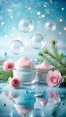 Luxurious skincare products with delicate pink roses and pine branches, set against a sparkling blue bokeh background, suggesting a spalike, refreshing experience