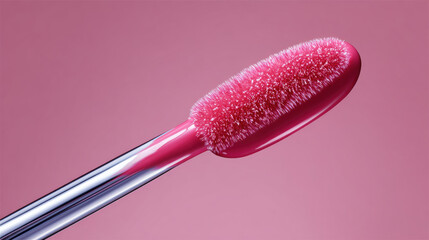 Extreme close up of pink lip gloss applicator with soft bristles and glossy texture, isolated on pink background, showing smooth and vibrant cosmetic detail