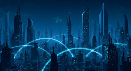 Futuristic cityscape with glowing blue network connections at night