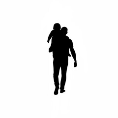 Silhouette of a father carrying his sleeping child on his shoulder isolated on white background