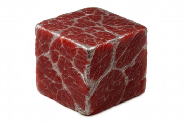 Raw red meat cube resting on transparent surface, highlighting culinary potential for fresh food imagery and cooking concepts