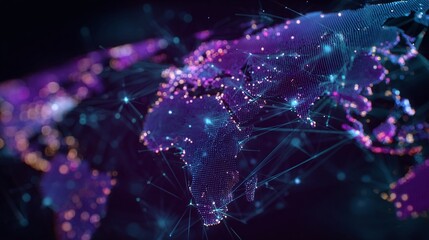 Global Network Connections: Futuristic World Map, Abstract Purple and Blue Digital Technology, Illuminated Nodes, Data Visualization