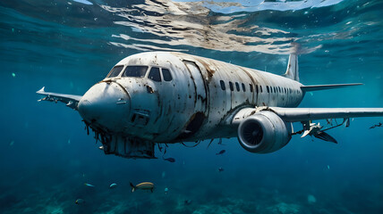Fototapeta premium Airplane Sinking Underwater in Clear Blue Ocean Water, a Surreal Concept