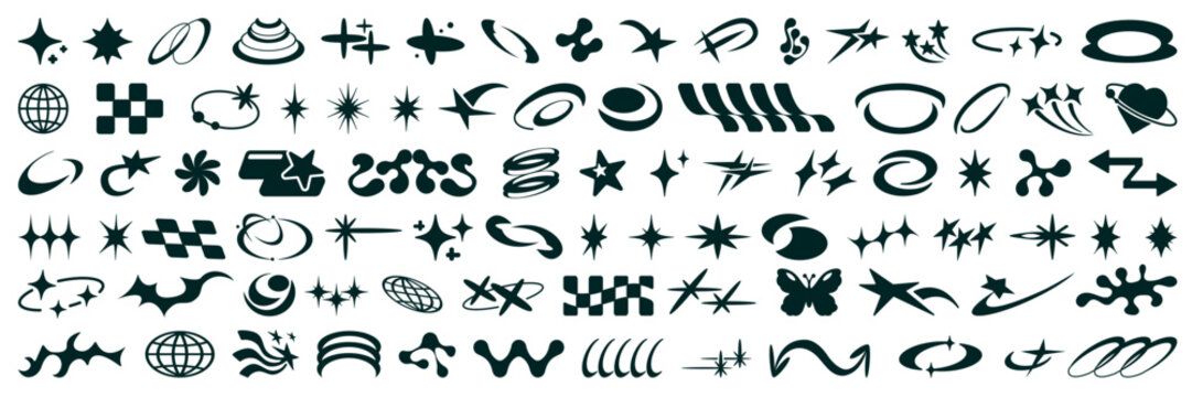 Bling Y2K icon set with star shapes and shiny sparkle elements. Retro aesthetic design for stickers. Minimalist geometric burst pack with twinkle effects.