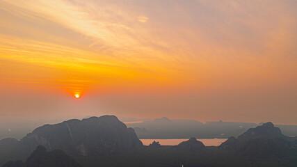 Aerial hyper lapse View of scenery sunrise above heart island in the mangrove canal