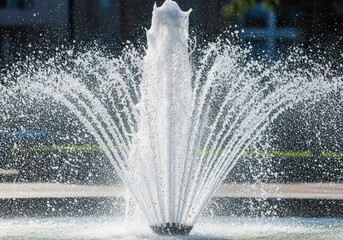 Water fountain with multiple jets spraying upwards and outwards creating a spray of droplets against a blurry dark background