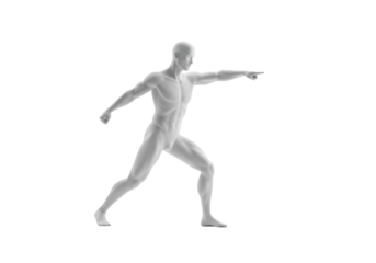 An abstract human figure sculpture, matte white, poised dynamically in motion, isolated on a seamless high-key white studio background, concept of corporate potential and timeless excellence
