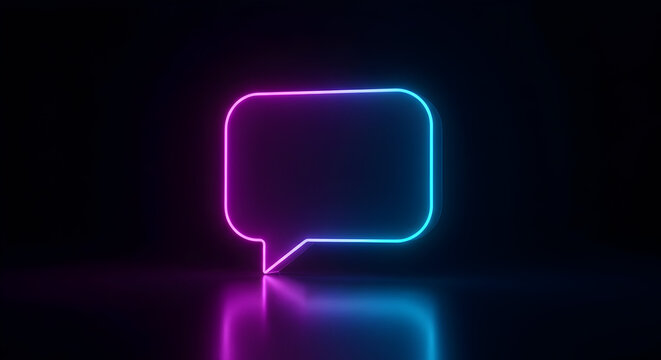 Glowing Neon Speech Bubble in Dark Room with Reflection