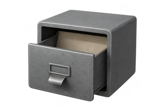 Open metal file cabinet drawer containing folder on transparent background