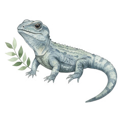 Fototapeta premium Watercolor illustration of a grey lizard with green leaves isolate Reptile