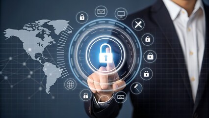 Businessman interacts with a glowing digital padlock and global network security interface