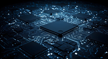 Close up of a glowing blue computer circuit board with a central processor