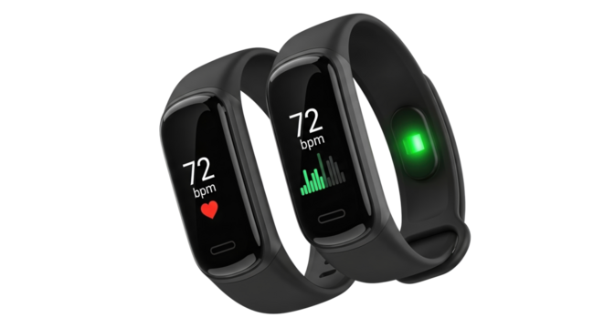 Fitness trackers displaying heart rate data