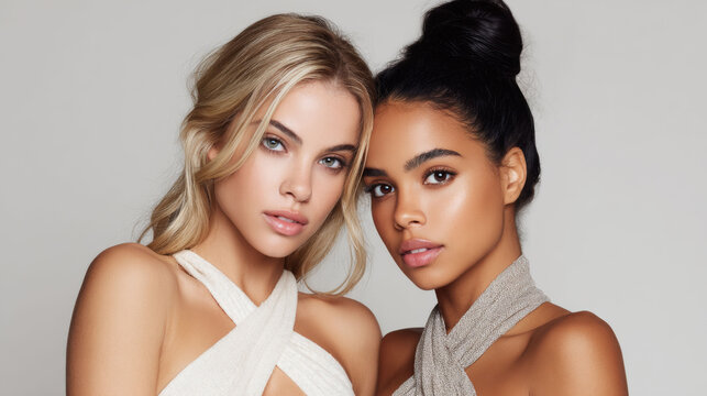 Two diverse female models with flawless skin and stylish updos pose closely elegant neutral toned tops, radiating confidence