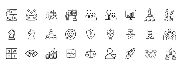 Business Leadership Line Icons Set  thin Stroke Vector  Strategy, Teamwork, Management, Innovation, Growth  Minimal Outline Icon Pack