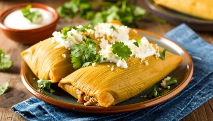 Golden tamales topped with creamy sauce and crumbled cheese