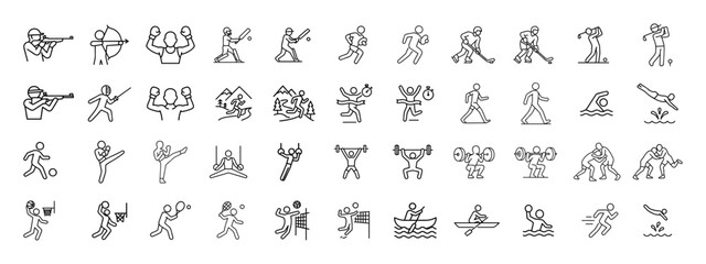 Athletic Sports Line Icons  Minimal Thin  Stroke Vector Icon Set for Fitness, Games, Running, Cycling, Swimming, Gym, Sports Equipment  Editable.