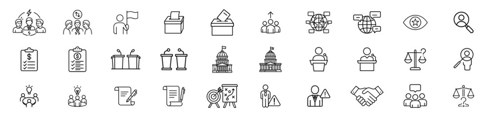 Fototapeta premium Political Leadership Line Icons Set Government, Debate, Election, Parliament, Campaign, Voting, Diplomacy thin Stroke Vector Icons