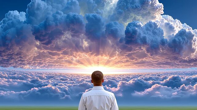 Person Sitting on a Bench Staring at Beautiful Cloud Formation in the Sky during Sunrise Surrounded by Vibrant Nature and Serenity