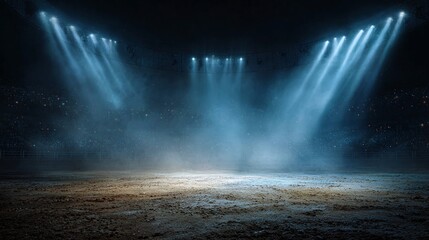 Dramatic Stage Lighting: Blue Spotlights on Dusty Ground, Mysterious Atmosphere, Cinematic Backdrop, Empty Arena.