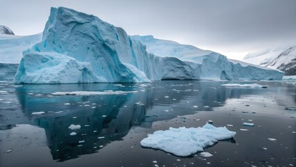 Calm Arctic Fjord in Greenland &ndash; Sculptural Blue Iceberg with Intricate Textures, Perfect Reflection in Still Black Water, Brash Ice Foreground