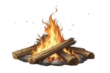 Cross-stacked wooden logs creating dramatic bonfire with intense orange flames reaching upward from rocky base, isolated on a transparent background