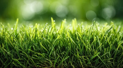 Close-up image of fresh green grass blades with a blurred natural background and bokeh light effects.