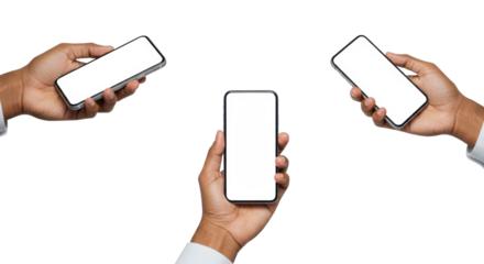Diverse human hands, varying skin tones, holding sleek unbranded smartphones with blank white screens on a transparent studio background, concept of modern technology and digital future