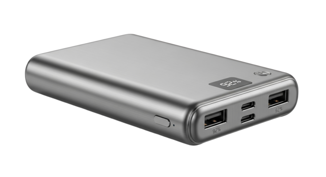Gray portable power bank against transparent background