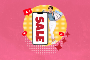 3d pop zine sketch artwork collage of happy girl hold packages blogging heart icon phone screen sale bargain offer cheap price