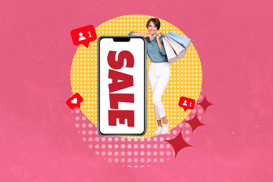 3d pop zine sketch artwork collage of happy girl hold packages blogging heart icon phone screen sale bargain offer cheap price