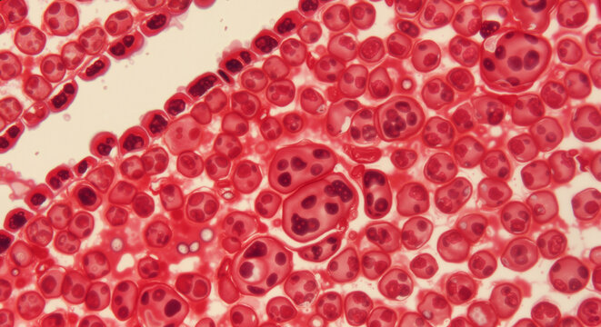 Microscopic view of red blood cells in a sample slide