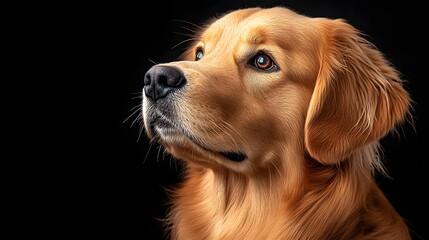 "Studio portrait of Golden Retriever on black background, professional pet photography with detailed fur texture, magazine-quality animal image"