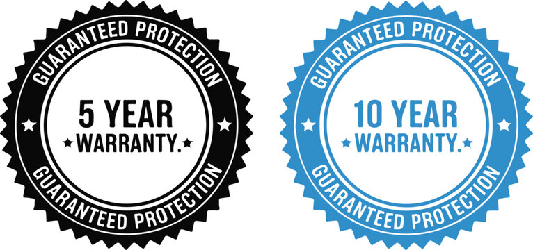 5 Year Warranty and 10 Year Warranty Guaranteed Protection Seals | Black and Blue Assurance Stamps for Product Marketing and Customer Service