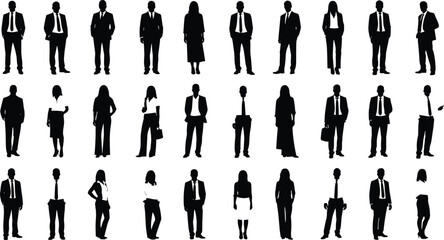 Black silhouettes of business professionals in formal attire, various poses, corporate diversity, workplace design, vector illustration for office themes