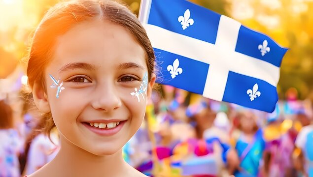Smiling girl with Quebec flag during celebration outdoors with face paint and fleur de lys symbols representing Quebec culture and national pride