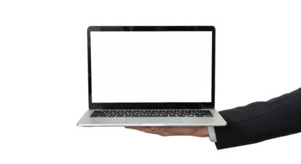 A clean, ethnically ambiguous hand gently holds a sleek silver laptop with a blank white screen, isolated on a transparent background with copy space, concept of adaptable technology