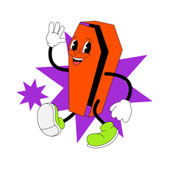 Groovy cartoon coffin character in retro 80s style for Halloween illustration