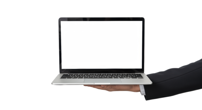 A clean, ethnically ambiguous hand gently holds a sleek silver laptop with a blank white screen, isolated on a transparent background with copy space, concept of adaptable technology