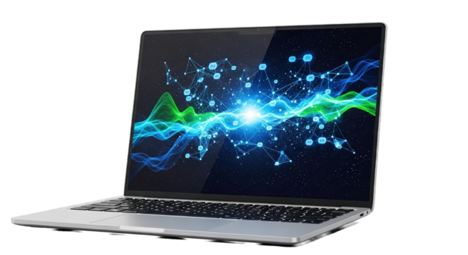 Laptop computer displaying abstract network graphic