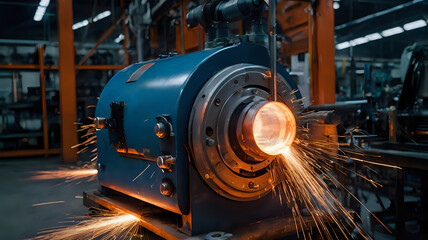 Close-up of with glowing sparks and dynamic orange-blue workshop lighting