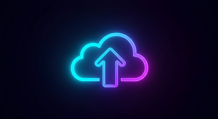 Cloud Upload Graphic Neon Glow on Dark Background