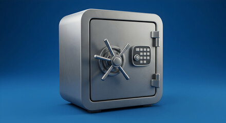 Metal Safe with Combination Lock on Blue Background